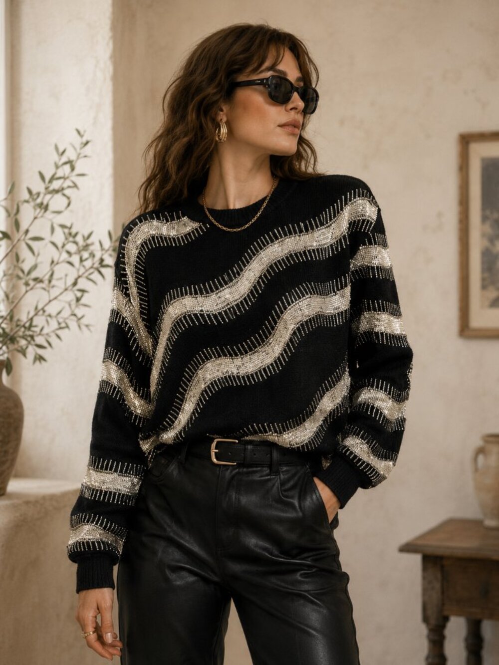 Womens 80s Beaded Sweater Wave Knit Black Silver Glam Shoulder Pad Retro Vintage